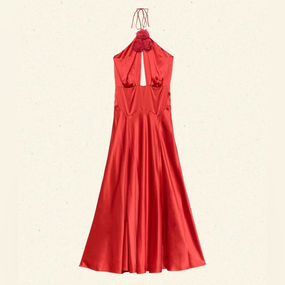 NWT Doen Lilaia Silk Rosette Rose Halter Maxi Dress Gown Fiery Coral Red - Picture 15 of 16